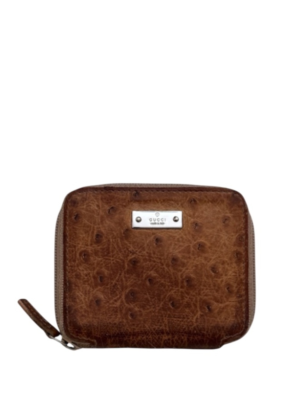 GUCCI - BROWN OSTRICH LEATHER ZIP AROUND COIN POUCH HOLDER WALLET
